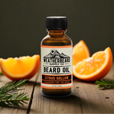 Bottle of Weatherbeard Supply Co. Beard Oil with oranges and fir needle on a wooden surface