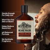 Bottle of Weatherbeard Supply Co's Citrus Hollow Beard Wash with benefits listed beside it