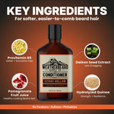 Bottle of Weatherbeard Supply Co's Citrus Hollow beard conditioner with key ingredients displayed on a brown background