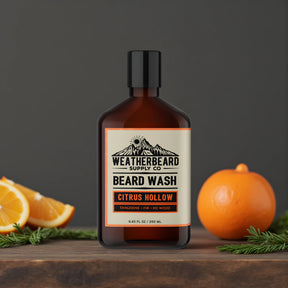 Bottle of Weatherbeard Citrus Hollow Beard Wash With Tangerines and Fir Needle