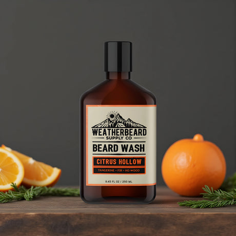 Bottle of Weatherbeard Citrus Hollow Beard Wash With Tangerines and Fir Needle