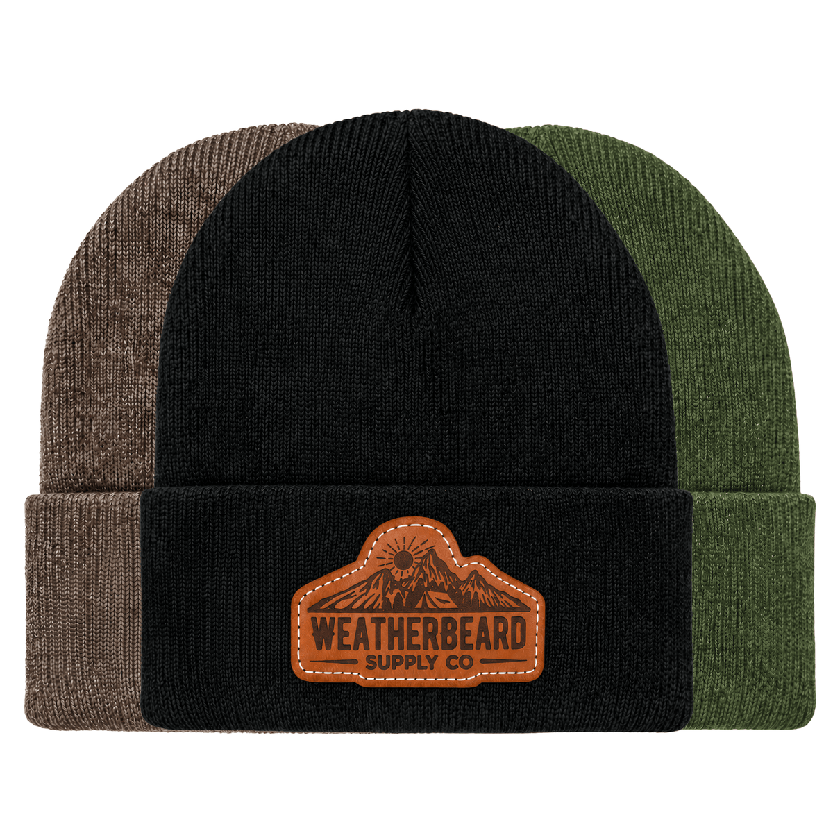 Three cuffed knit beanie hats shown side by side on a white background, with a brown Weatherbeard Supply Co. patch on the front of the center hat.