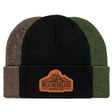 Three cuffed knit beanie hats shown side by side on a white background, with a brown Weatherbeard Supply Co. patch on the front of the center hat.