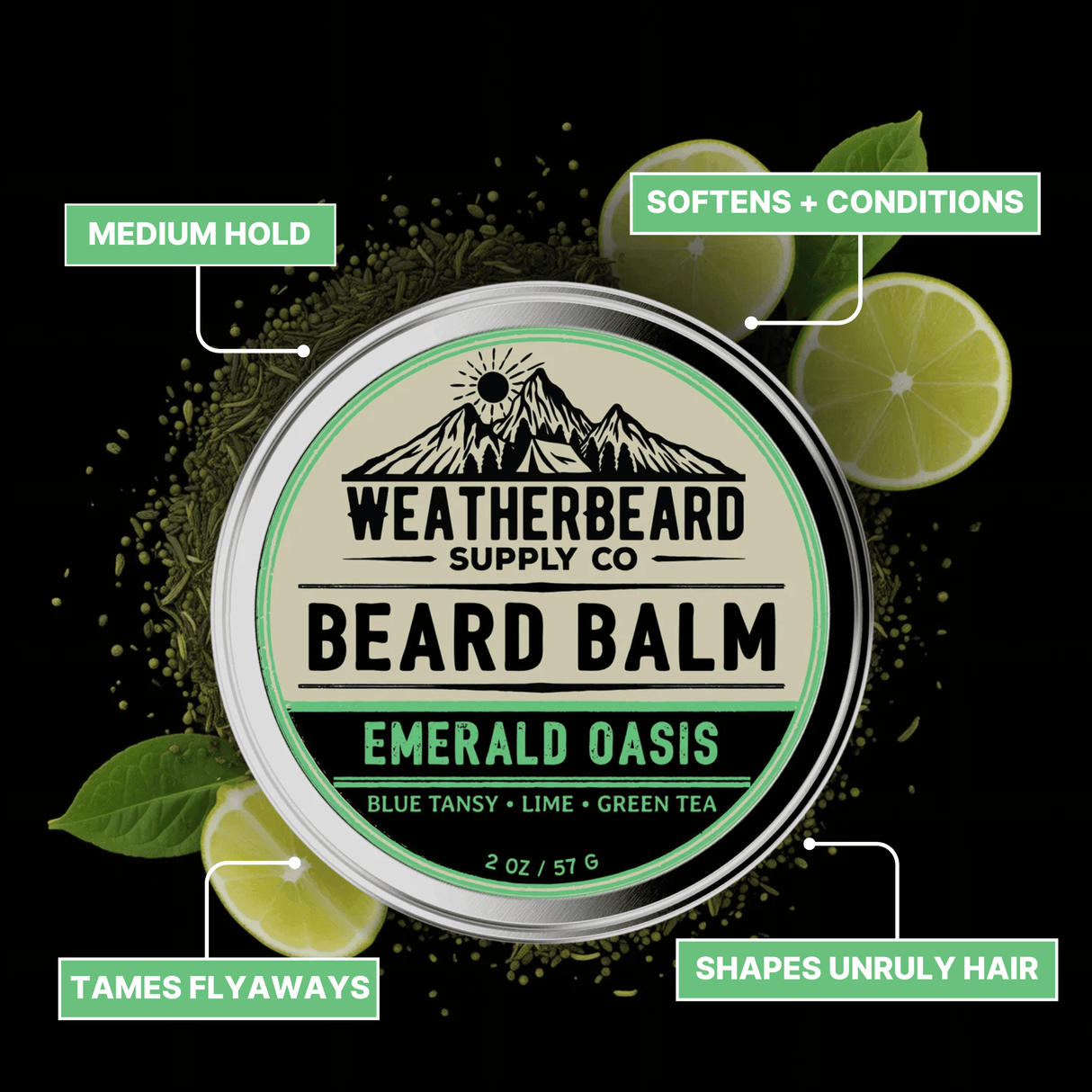 Weatherbeard Supply Co. Emerald Oasis beard balm container with lime slices and leaves on a black background
