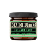 Jar of 'Beard Butter Emerald Oasis' with a black lid on a white background