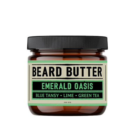 Jar of 'Beard Butter Emerald Oasis' with a black lid on a white background