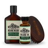 Weatherbeard Supply Co. beard care products including wash, oil, and a wooden brush on a white background.