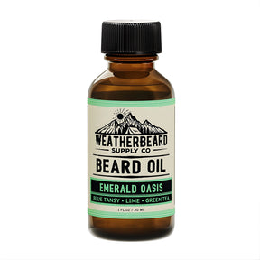 Bottle of Weatherbeard Supply Co. Emerald Oasis beard oil on a white background