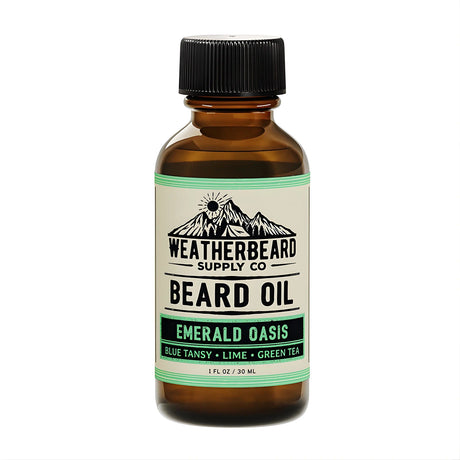 Bottle of Weatherbeard Supply Co. Emerald Oasis beard oil on a white background