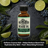Bottle of Weatherbeard Supply Co. Emerald Oasis beard oil with lime and green tea leaves on a dark background