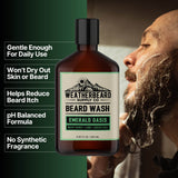 Bottle of Emerald Oasis Beard Wash with benefits listed beside it