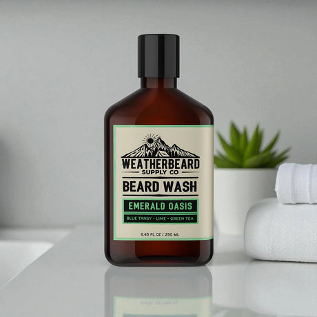 Bottle of Weatherbeard Supply Co. beard wash on a white bathroom counter with a succulent in the background