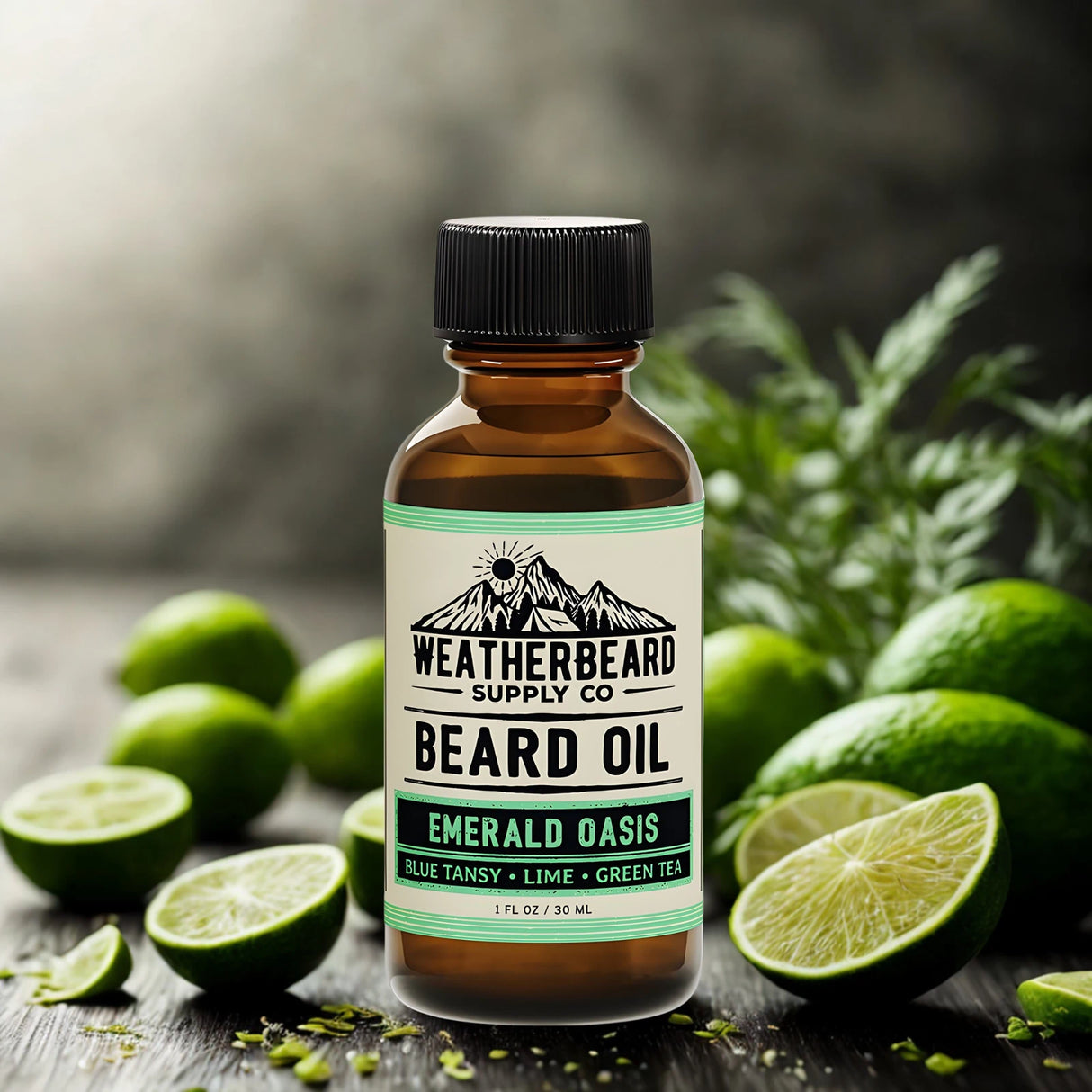 Bottle of Weatherbeard Supply Co. Emerald Oasis Beard Oil with limes on a wooden surface