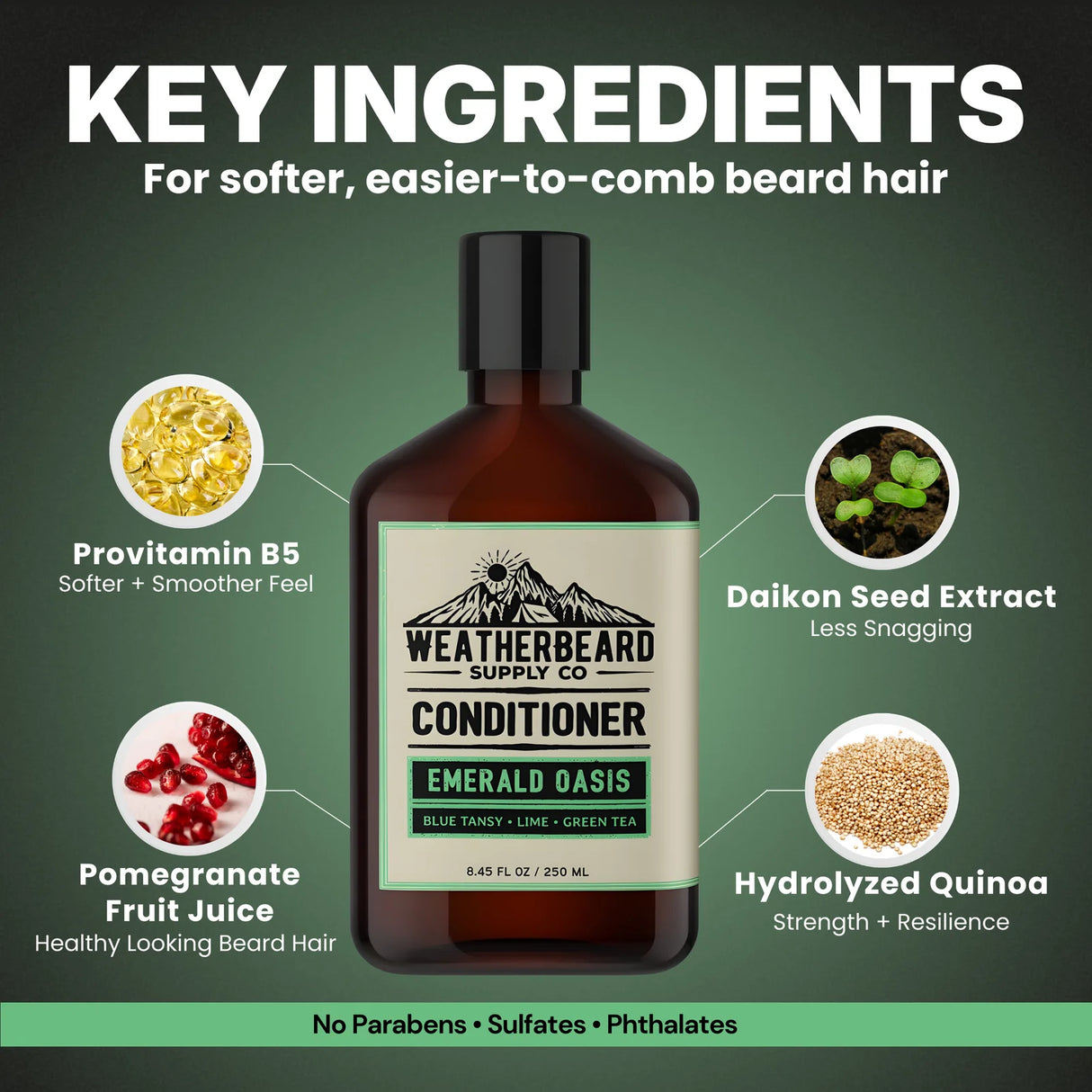 Bottle of Weatherbeard Supply Co. Emerald Oasis beard conditioner with key ingredients displayed on a green background