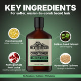 Bottle of Weatherbeard Supply Co. Emerald Oasis beard conditioner with key ingredients displayed on a green background