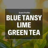 Text overlay on a blurred green leaf background with 'Blue Tansy Lime Green Tea' scent profile.