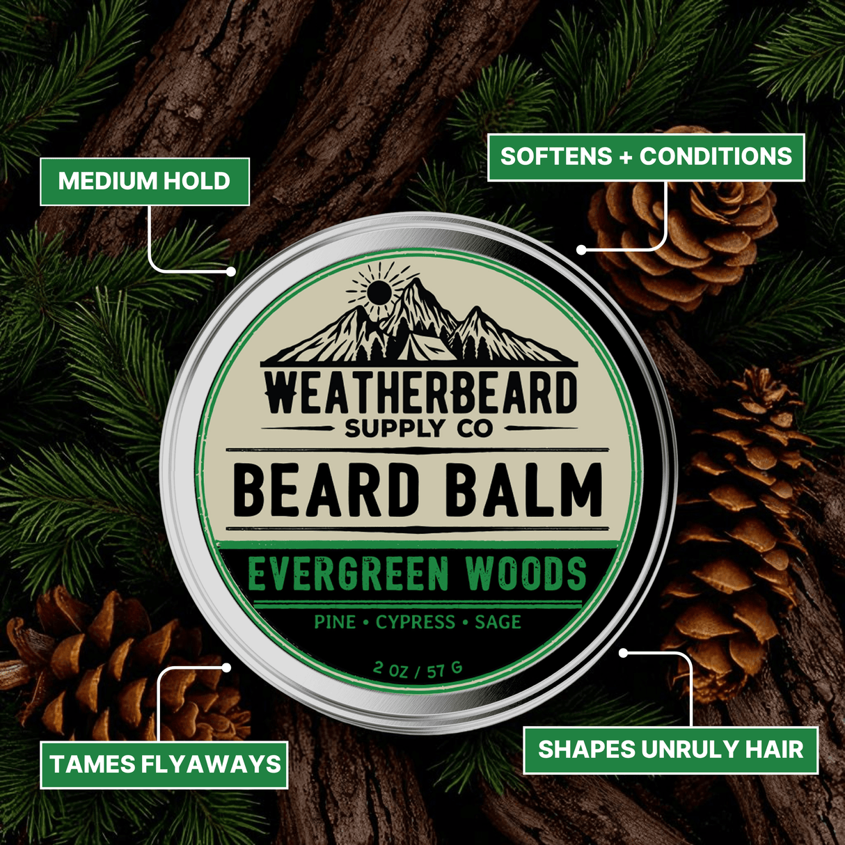 Weatherbeard Supply Co Evergreen Woods beard balm tin with natural elements on a dark background