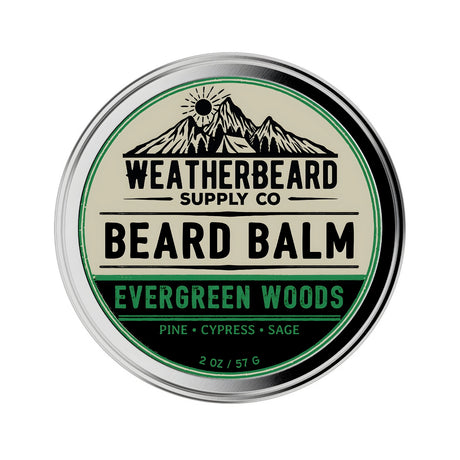 Tin of Weatherbeard Supply Co Evergreen Woods Beard Balm against a white background