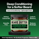 Jar of Evergreen Woods Beard Butter with benefits listed on a green gradient background