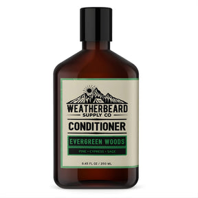 Bottle of Weatherbeard Supply Co. Evergreen Woods beard conditioner on a white background