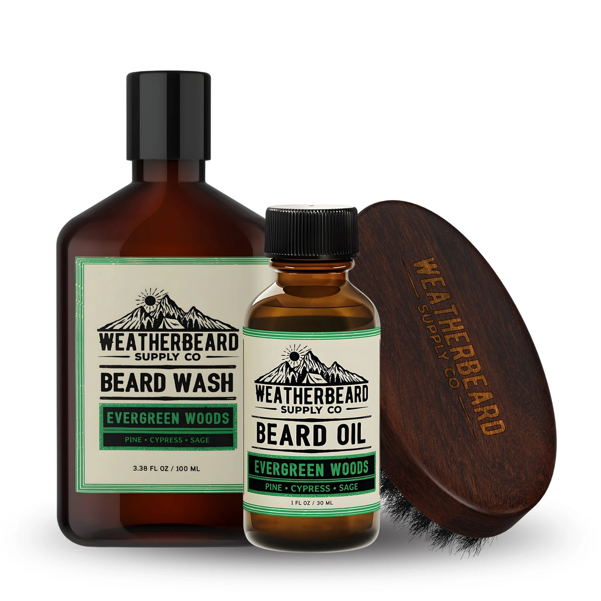 Weatherbeard Supply Co. beard care products including wash, oil, and brush on a white background