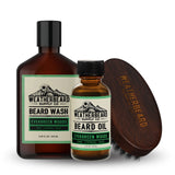 Weatherbeard Supply Co. beard care products including wash, oil, and brush on a white background
