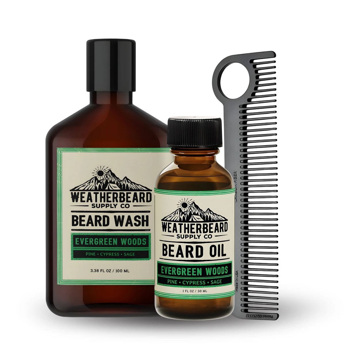 Weatherbeard Supply Co. Evergreen Woods beard care kit with beard oil, wash, and comb on a white background