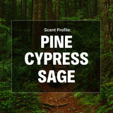 Forest scene with 'Scent Profile: Pine Cypress Sage' text overlay