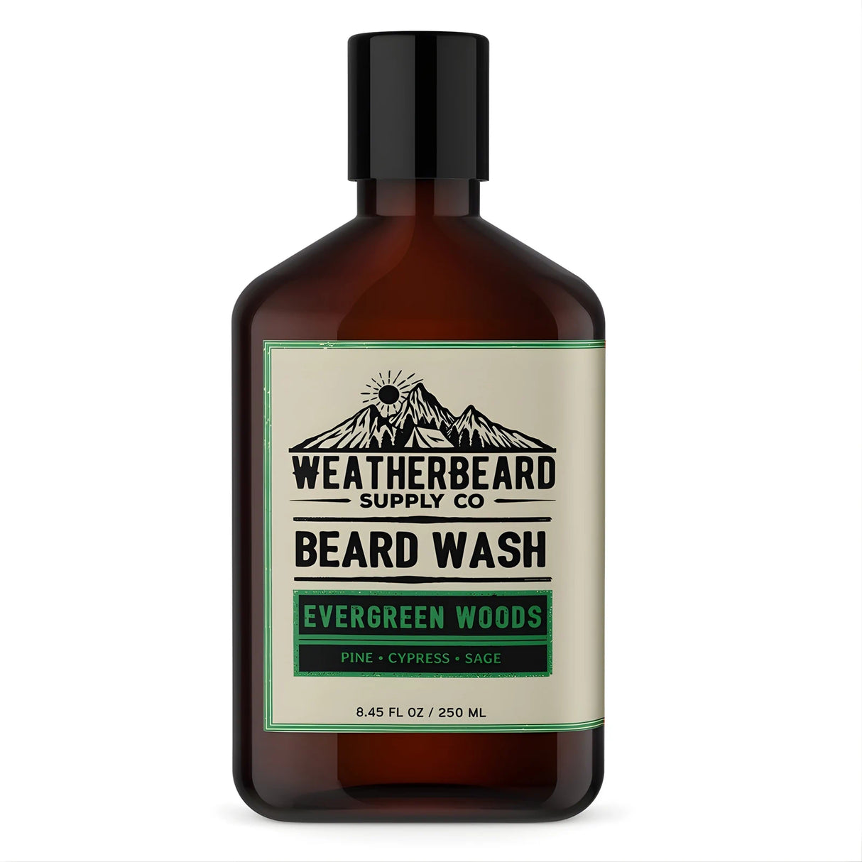 Brown bottle of Weatherbeard Supply Co. Evergreen Woods beard wash with a label on a white background