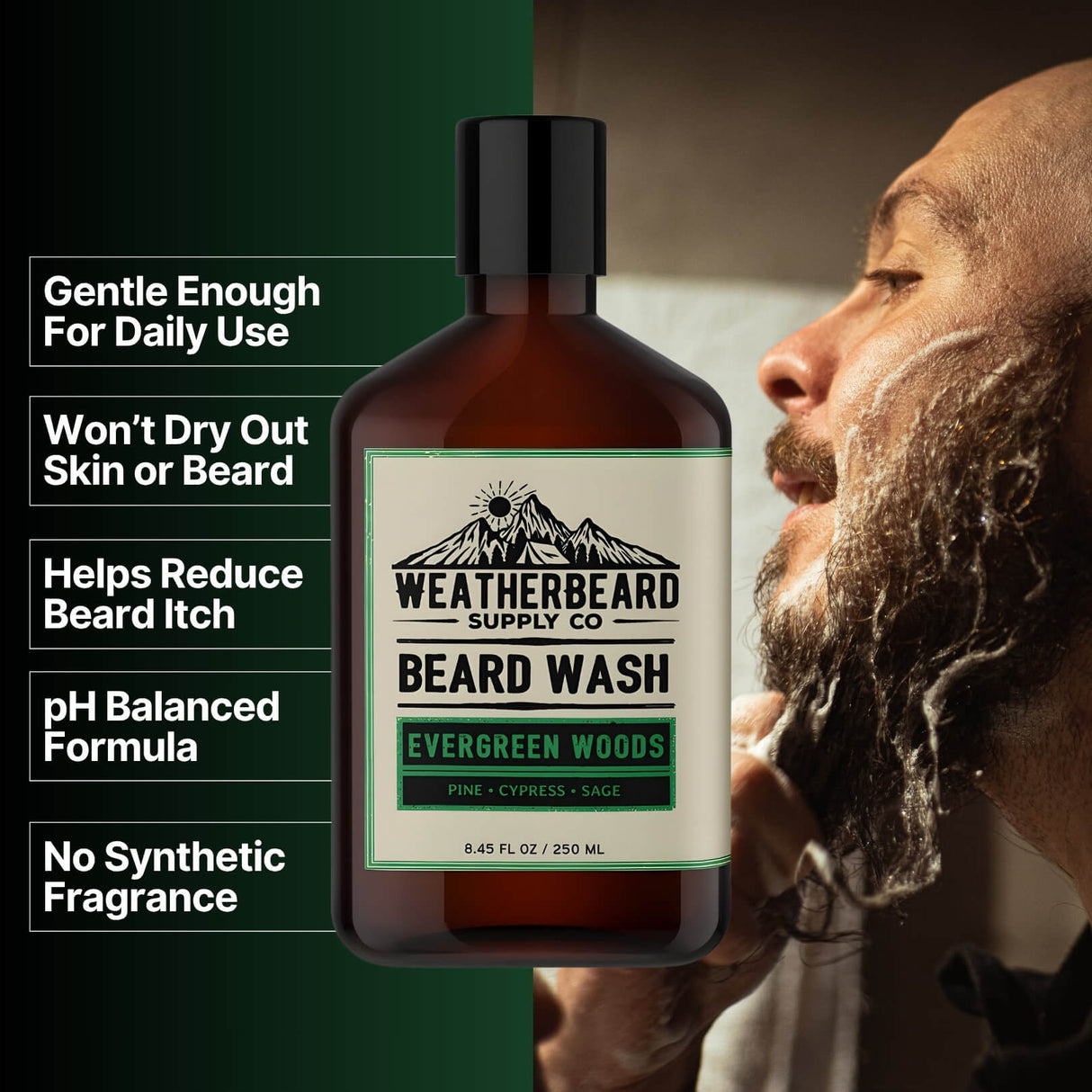 Bottle of Weatherbeard Supply Co's Evergreen Woods Beard Wash with benefits listed