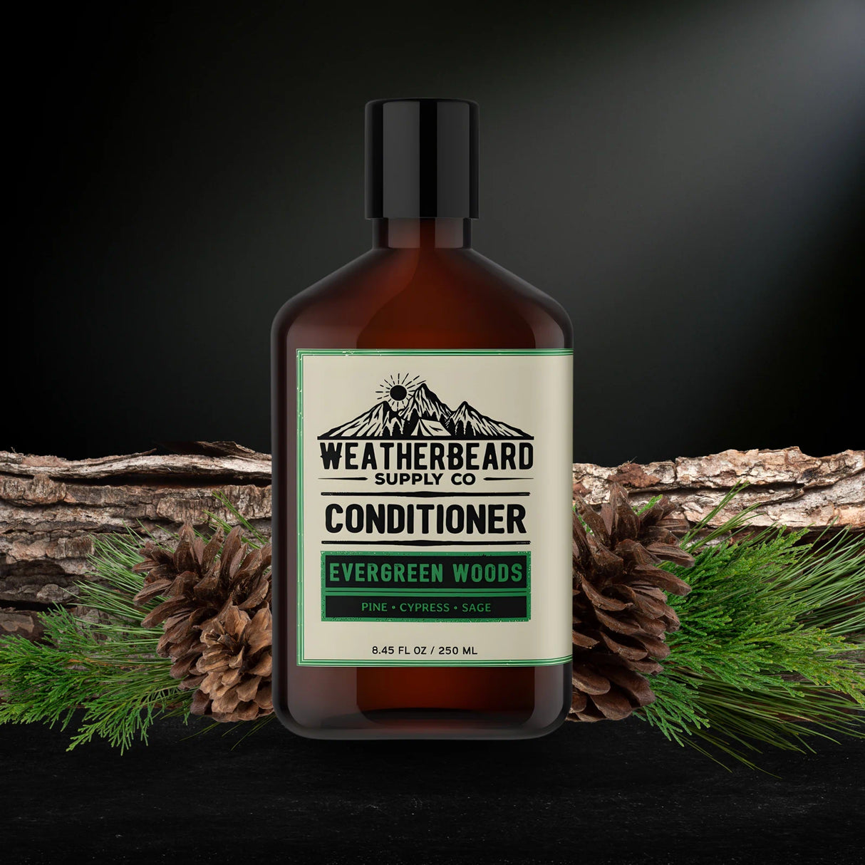 Bottle of Weatherbeard Supply Co. Evergreen Woods beard conditioner with natural elements on a dark background
