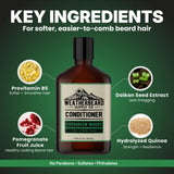 Bottle of Weatherbeard Supply Co. Evergreen Woods beard conditioner with key ingredients displayed on a green background