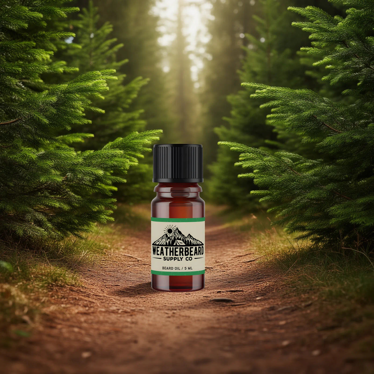 Bottle of Weatherbeard Supply Co. Evergreen Woods Beard Oil on a forest path with sunlight filtering through trees