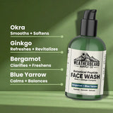 Bottle of Weatherbeard Supply Co's Botanical Peptide Face Wash against a green background with ingredients highlighted