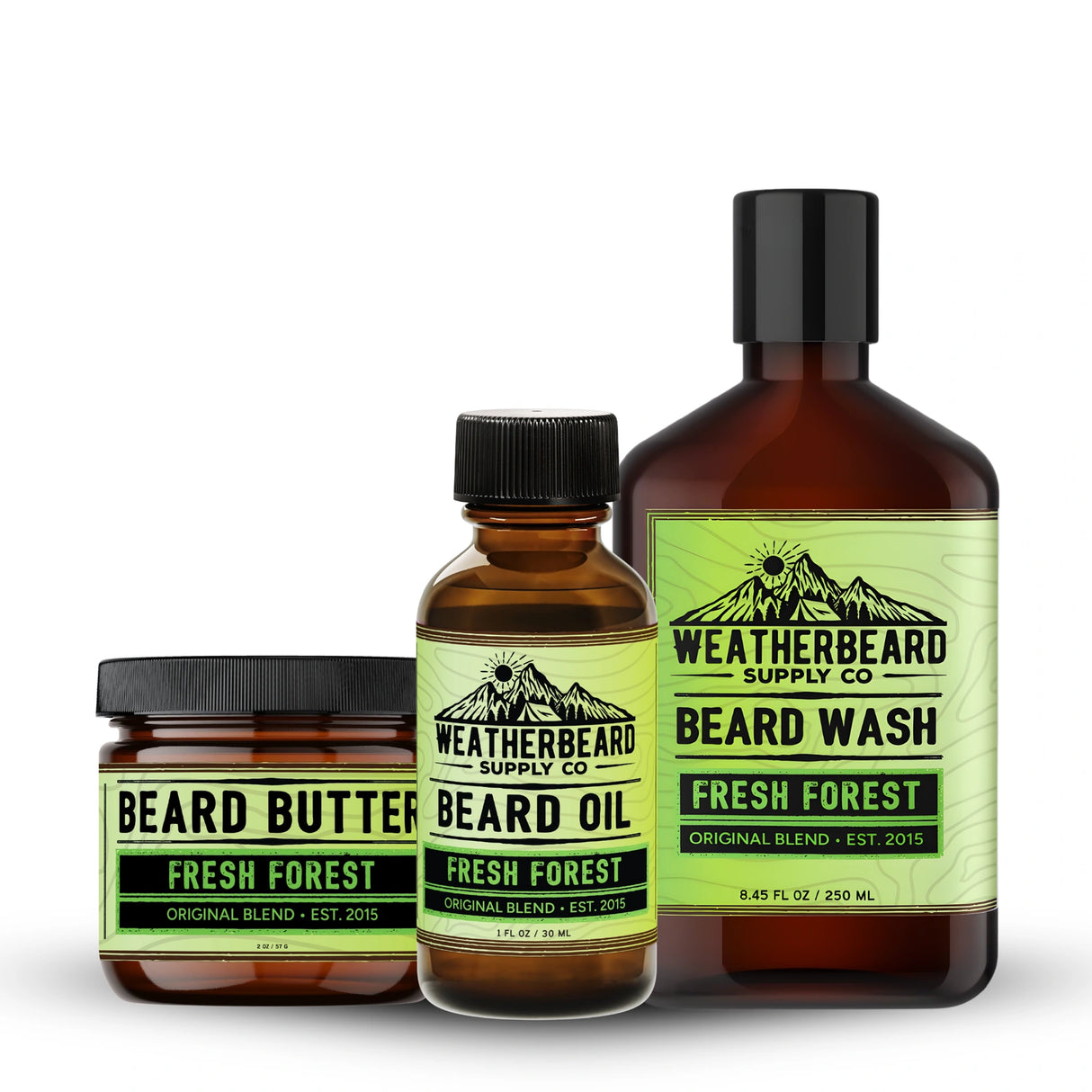 Weatherbeard Supply Co. Fresh Forest beard care products including oil, wash, and butter on a white background.