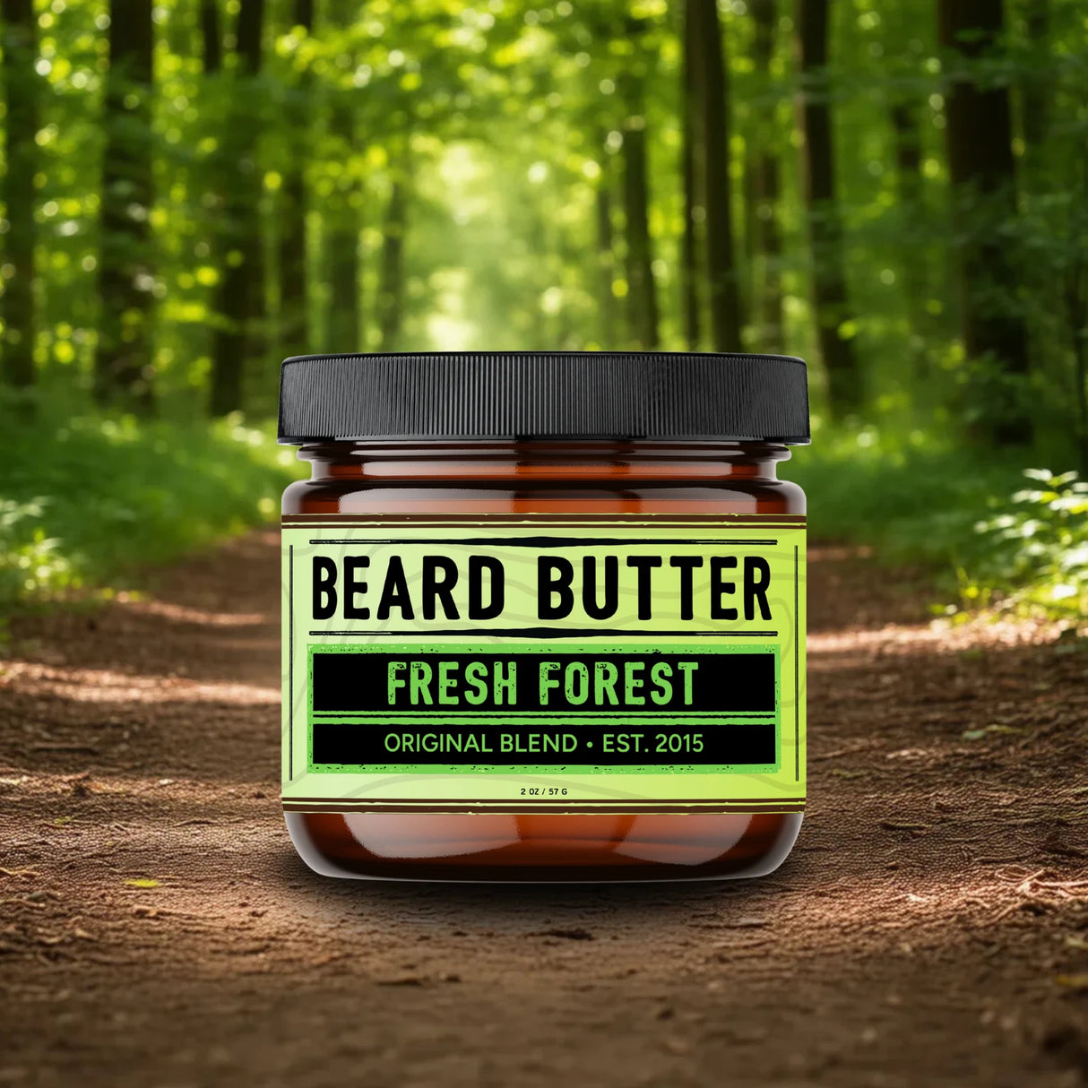Jar of Weatherbeard Supply Co's Fresh Forest Beard Butter sitting in the forest