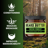 Jar of 'Fresh Forest' beard butter with forest background and product benefits text.