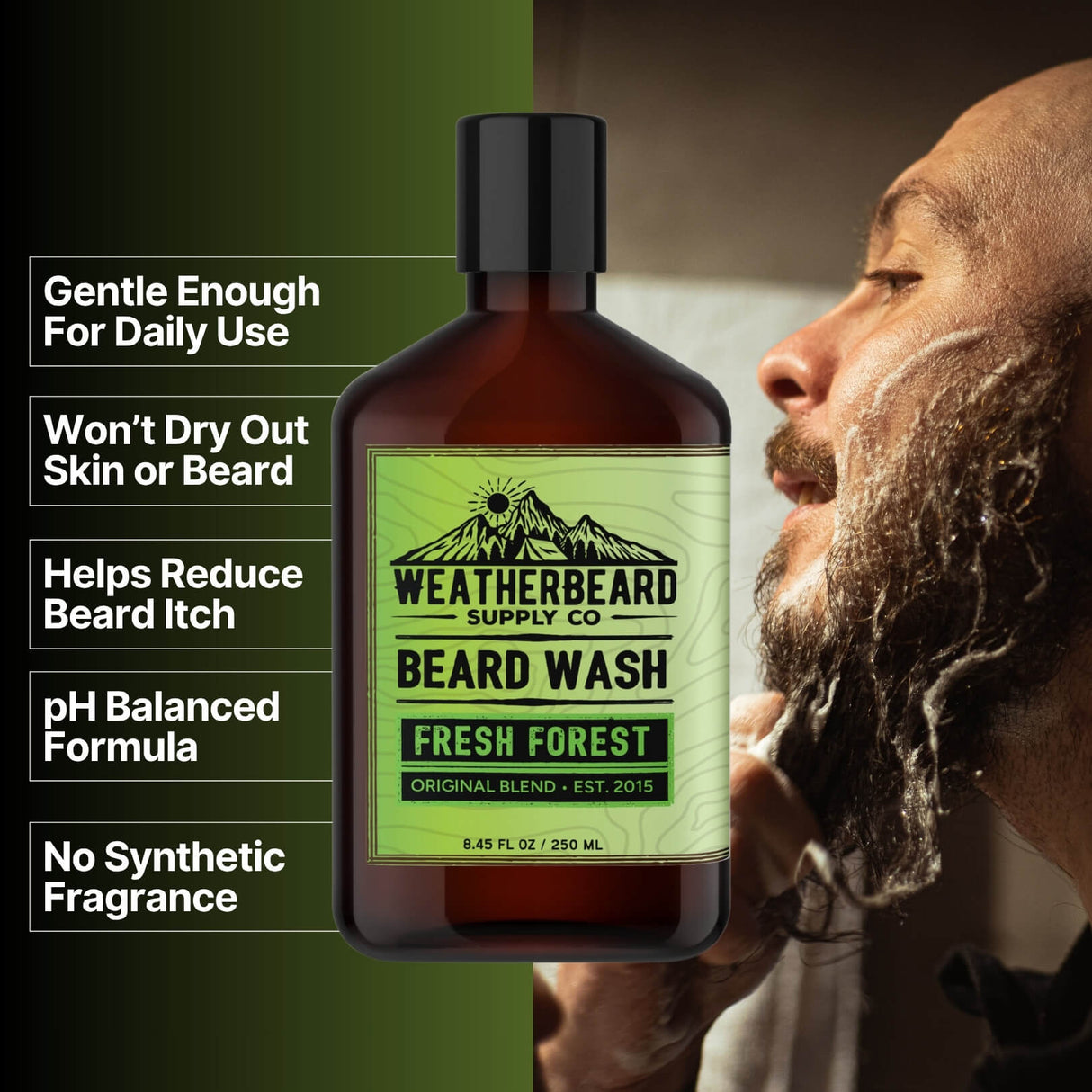 Bottle of Weatherbeard Supply Co's Fresh Forest Beard Wash with benefits listed beside it
