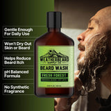 Bottle of Weatherbeard Supply Co's Fresh Forest Beard Wash with benefits listed beside it