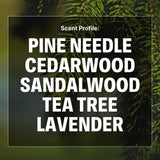 Text displaying a scent profile with pine needle, cedarwood, sandalwood, tea tree, and lavender against a blurred green background.