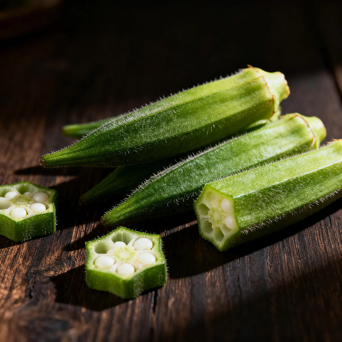 Green okra pieces on a wooden surface
