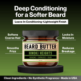 Jar of Hinoki Heights Beard Butter with text highlighting its benefits on a green background