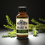 Bottle of Weatherbeard Supply Co. beard oil with greenery on a dark background