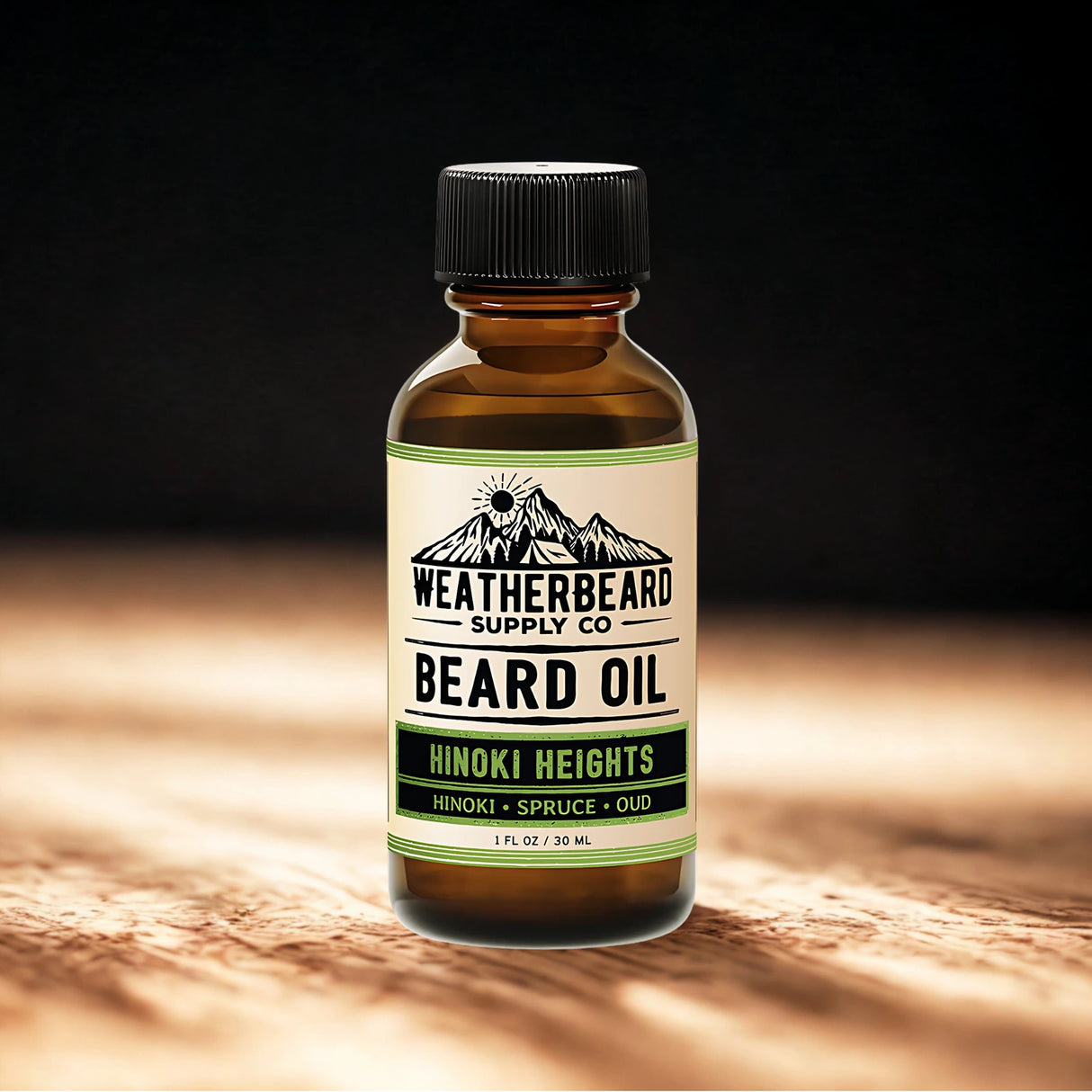 Bottle of Weatherbeard Supply Co. beard oil on a wooden surface with a dark background