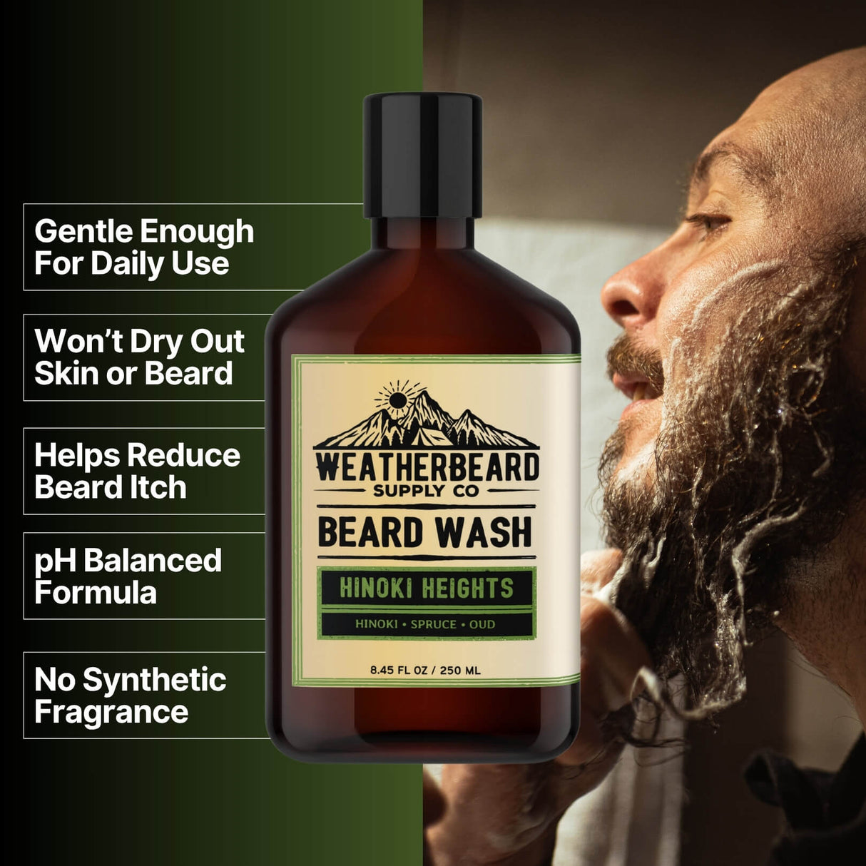 Bottle of Weatherbeard Supply Co's Hinoki Heights Beard Wash with benefits listed beside it