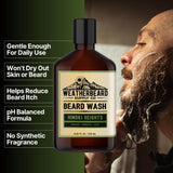 Bottle of Weatherbeard Supply Co's Hinoki Heights Beard Wash with benefits listed beside it