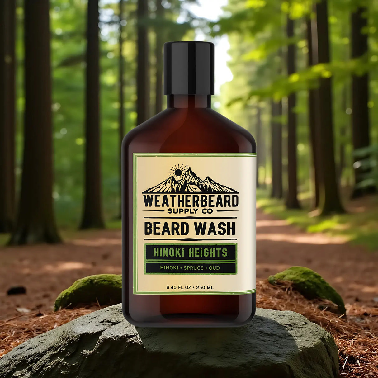 Bottle of Weatherbeard Supply Co. Hinoki Heights beard wash in a forest setting