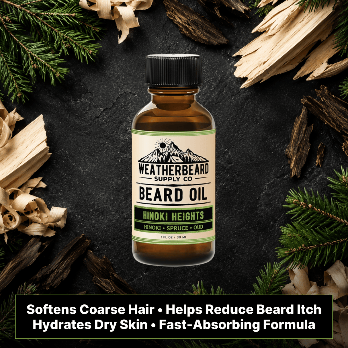 Bottle of Weatherbeard Supply Co. Hinoki Heights beard oil with natural elements on a dark background