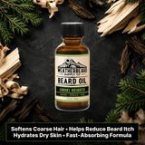 Bottle of Weatherbeard Supply Co. Hinoki Heights beard oil with natural elements on a dark background