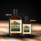 Two bottle sizes of Weatherbeard Supply Co. beard wash on a dark background.